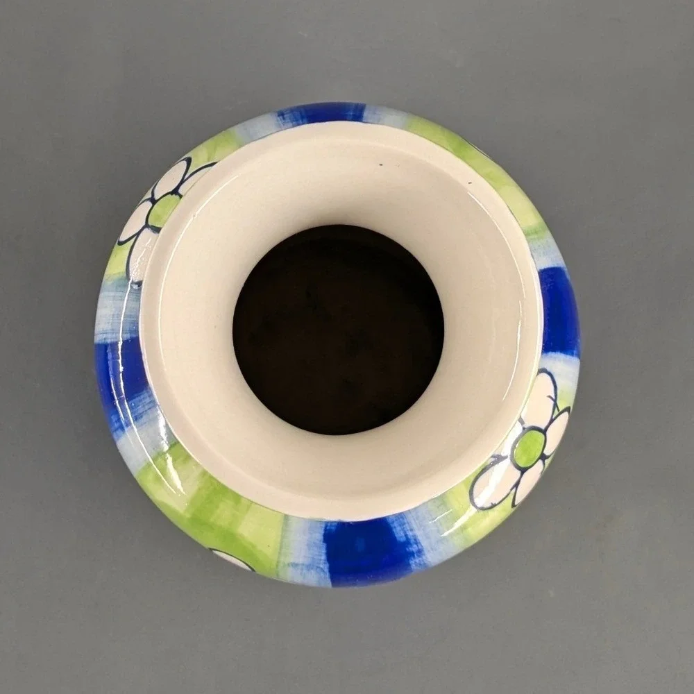 Hand Painted Ceramic Floral Vase Blue Green Striped Daisy Pottery 8 Inch